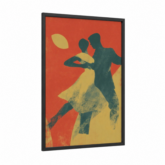 Dynamic Zumba Duo framed art print — black wood frame — red and yellow gold palette