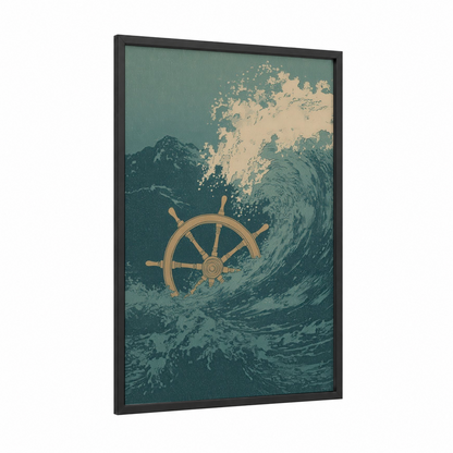 Nautical Helm Waves framed shipwheel print — black wood frame — teal and gold palette