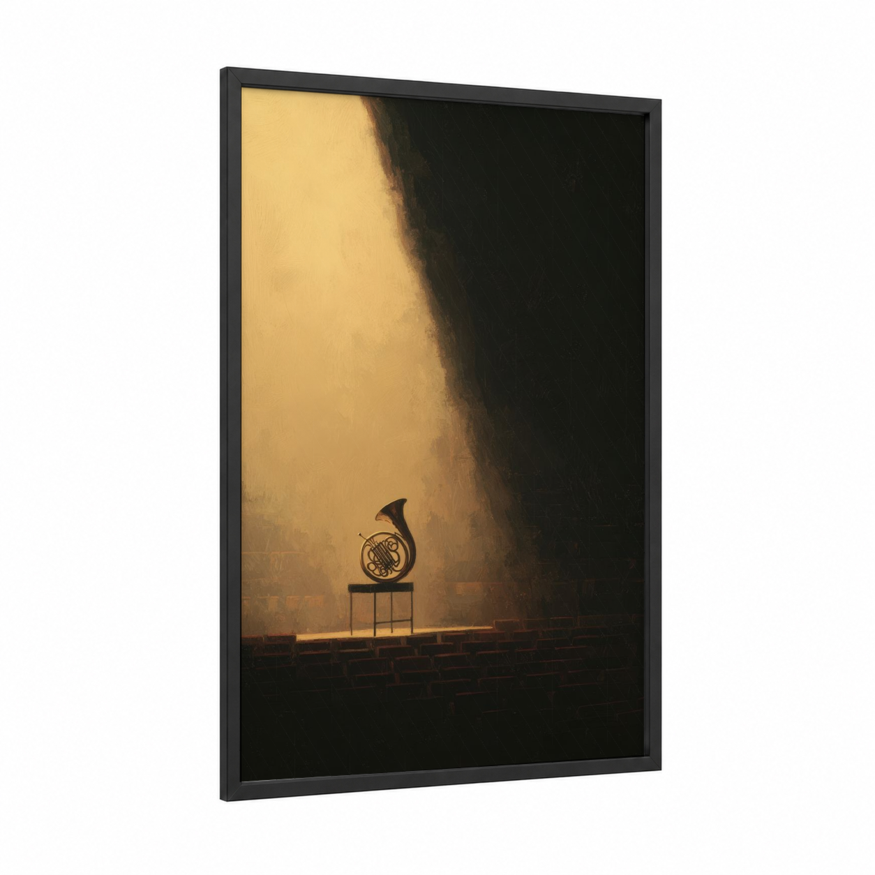 Solitary Horn framed french horn print — black wood frame — gold and black palette