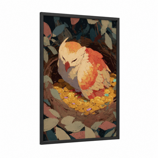 Golden Griffin Nest framed art print — black wood frame — gold and cream palette