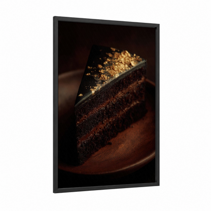 Chocolate Decadence framed baking print — black wood frame — gold and black palette