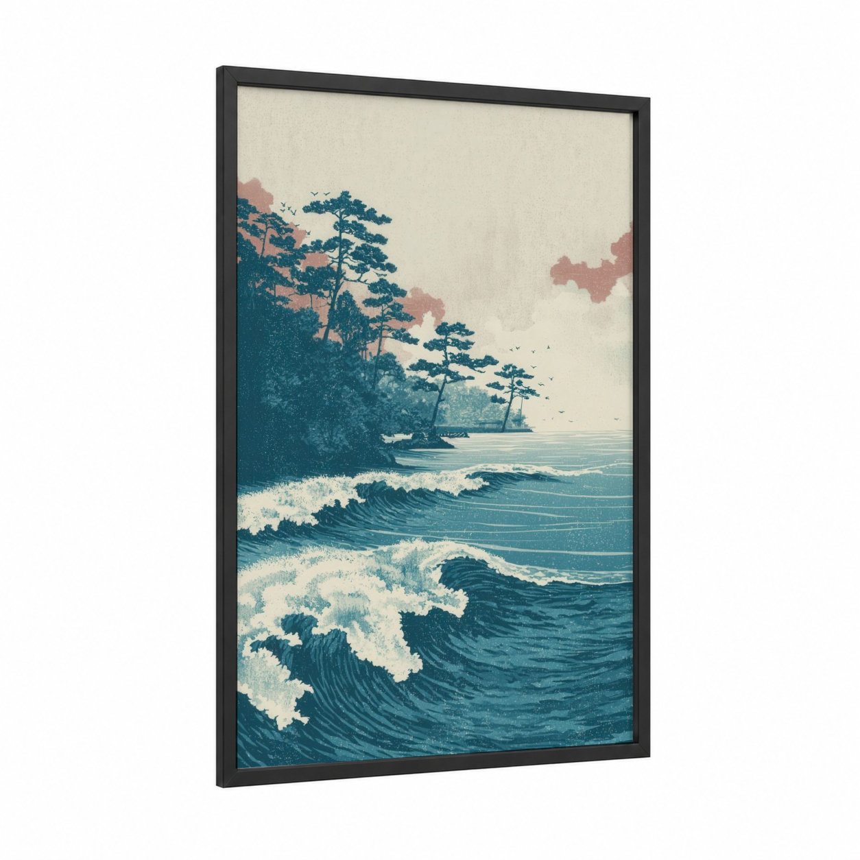 Coastal Pine Seascape framed seascapes and ocean print — black wood frame — teal and cream palette