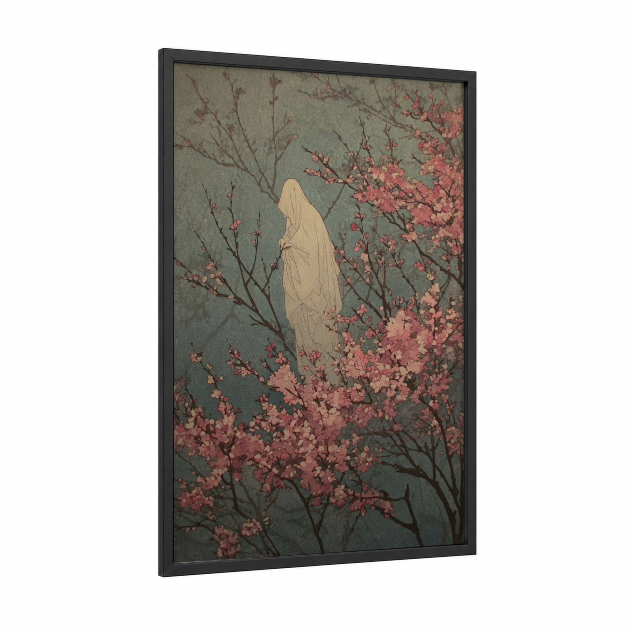 Veiled Spirit Blossoms framed ghost print — black wood frame — sage green and salmon pink palette