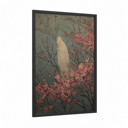 Veiled Spirit Blossoms framed ghost print — black wood frame — sage green and salmon pink palette