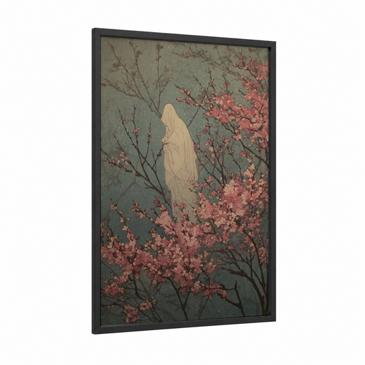 Veiled Spirit Blossoms framed ghost print — black wood frame — sage green and salmon pink palette