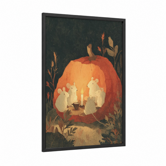 Cozy Mice Gathering framed art print — black wood frame — orange and black palette