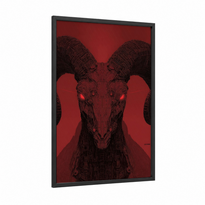 Cosmic Aries framed art print — black wood frame — maroon and black and red palette