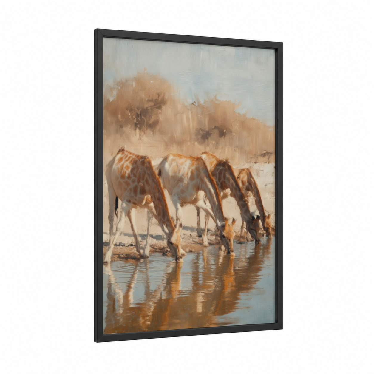 Desert Watering Giraffes framed art print — black wood frame — gold and cream palette