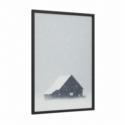 Snowy Barn Solitude framed art print — black wood frame — gray and white and dove gray palette