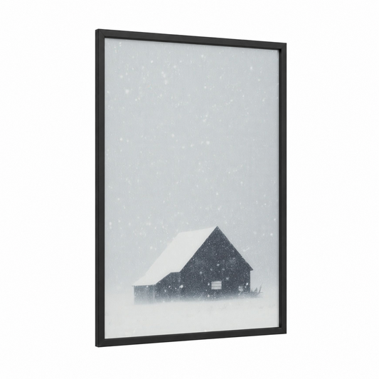 Snowy Barn Solitude framed art print — black wood frame — gray and white and dove gray palette