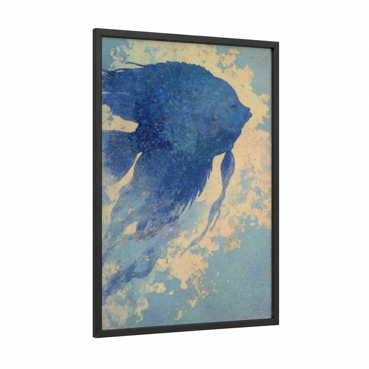 Azure Discus Fish framed art print — black wood frame — blue and cream palette