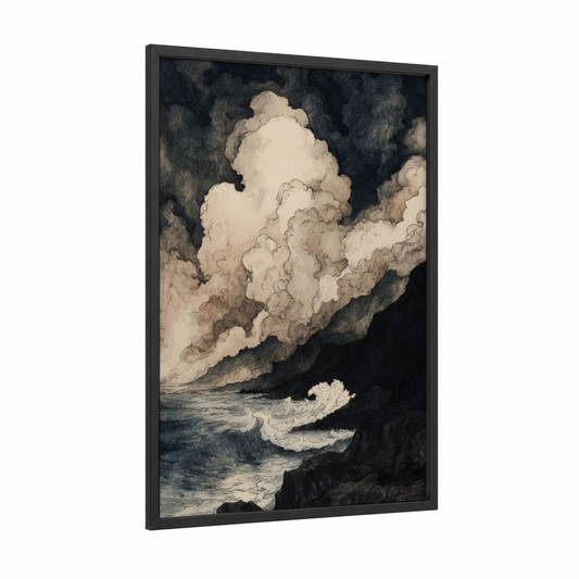 Dramatic Storm Surge framed art print — black wood frame — black and white and gray palette