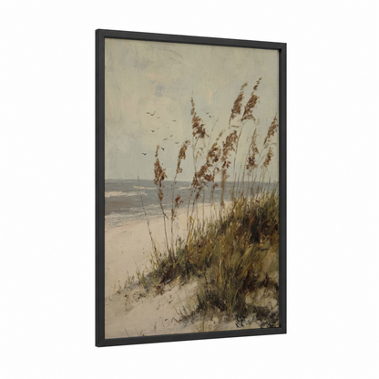 Coastal Dunes framed sandy beach print — black wood frame — beige and cream palette