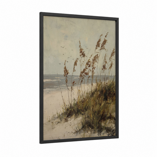 Coastal Dunes framed sandy beach print — black wood frame — beige and cream palette