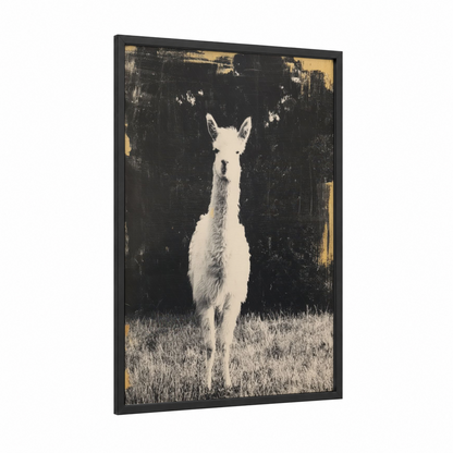 Stare Alpaca framed art print — black wood frame — black and white and gold palette