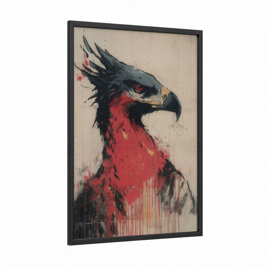 Crimson Griffin framed art print — black wood frame — red and black palette