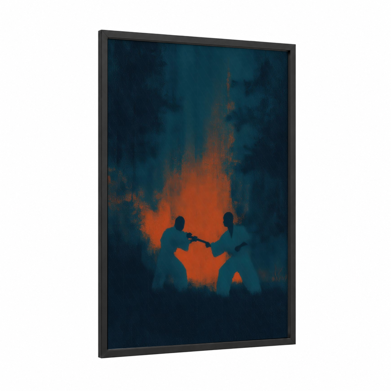 Fiery Capoeira framed art print — black wood frame — dark blue and orange palette