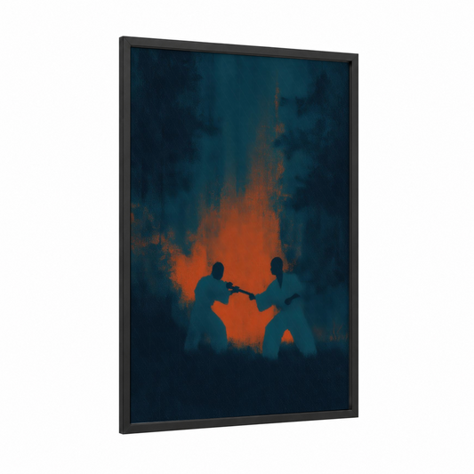 Fiery Capoeira framed art print — black wood frame — dark blue and orange palette