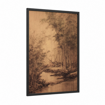 Misty Bamboo Stream framed bamboo jungle print — black wood frame — beige and brown palette