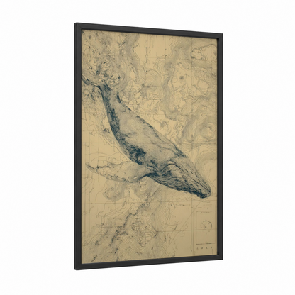 Navigational Whale framed humpback whale print — black wood frame — cream and black palette