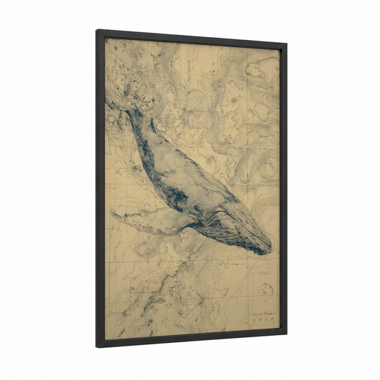 Navigational Whale framed humpback whale print — black wood frame — cream and black palette