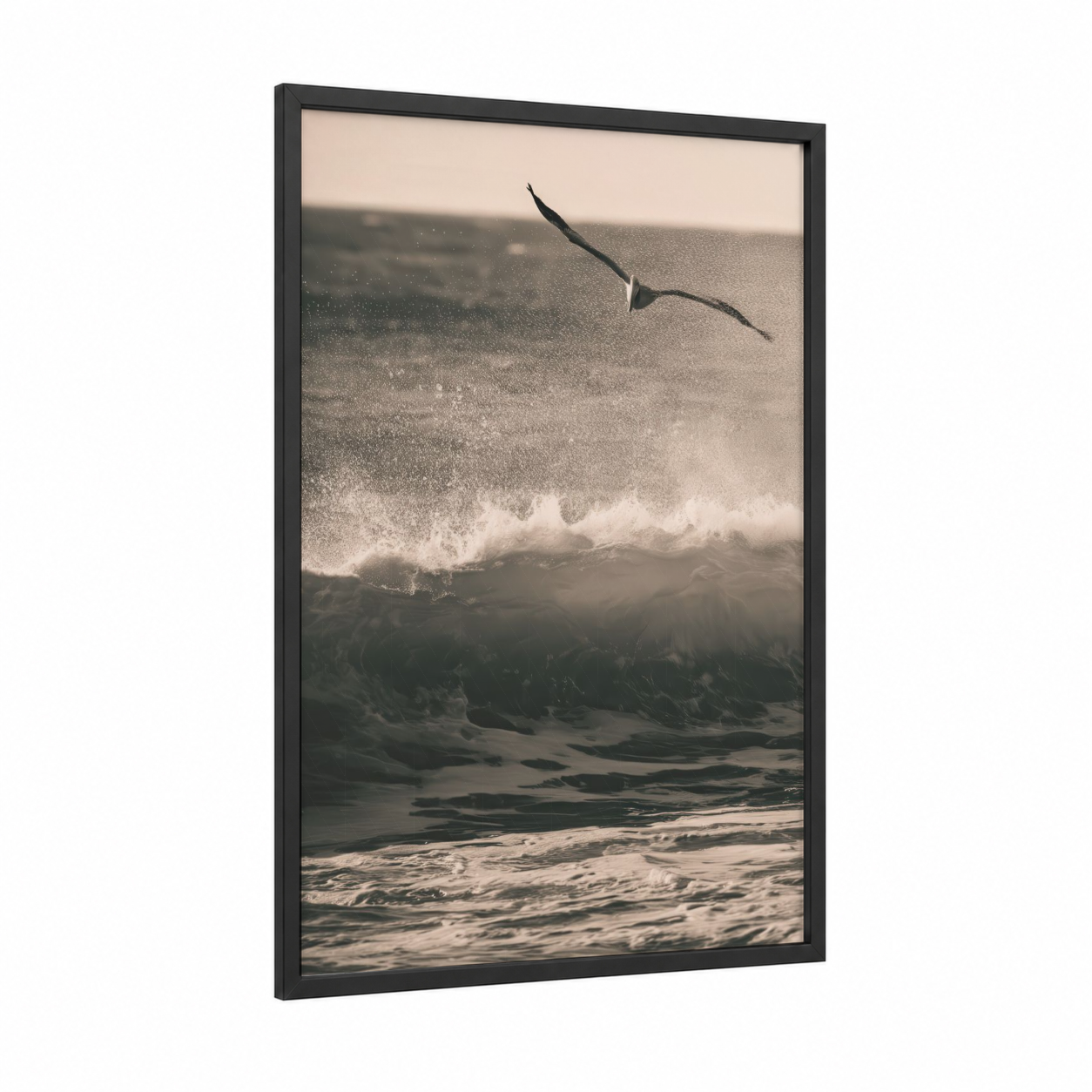 Coastal Pelican framed art print — black wood frame — beige and gray and white palette