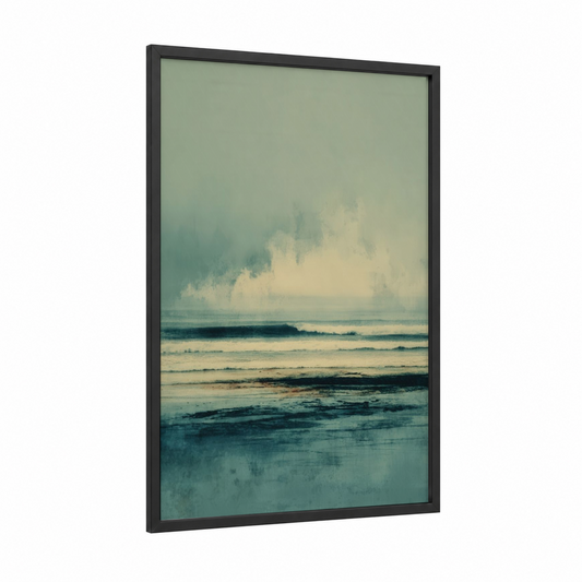 Misty Beach Waves framed sandy beach print — black wood frame — teal and cream palette