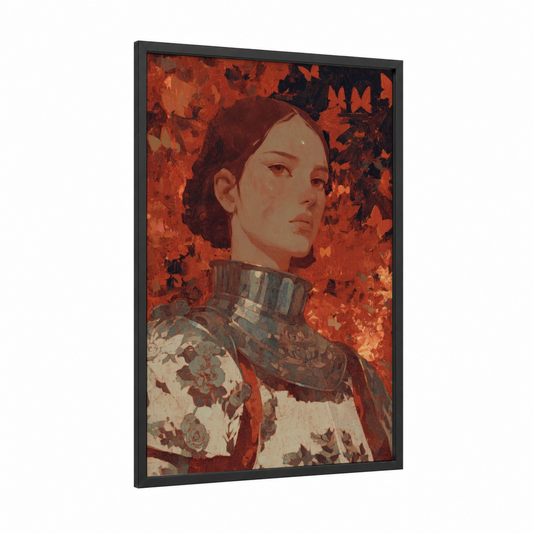 Crimson Joan framed joan of arc print — black wood frame — red and cream palette