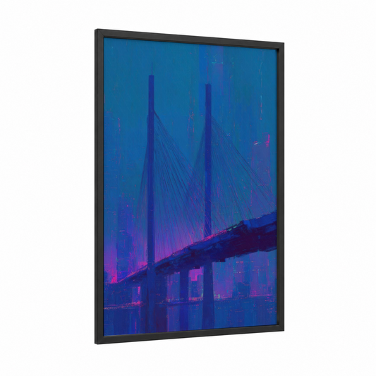 Neon Bridge Lights framed bridges print — black wood frame — blue and magenta palette