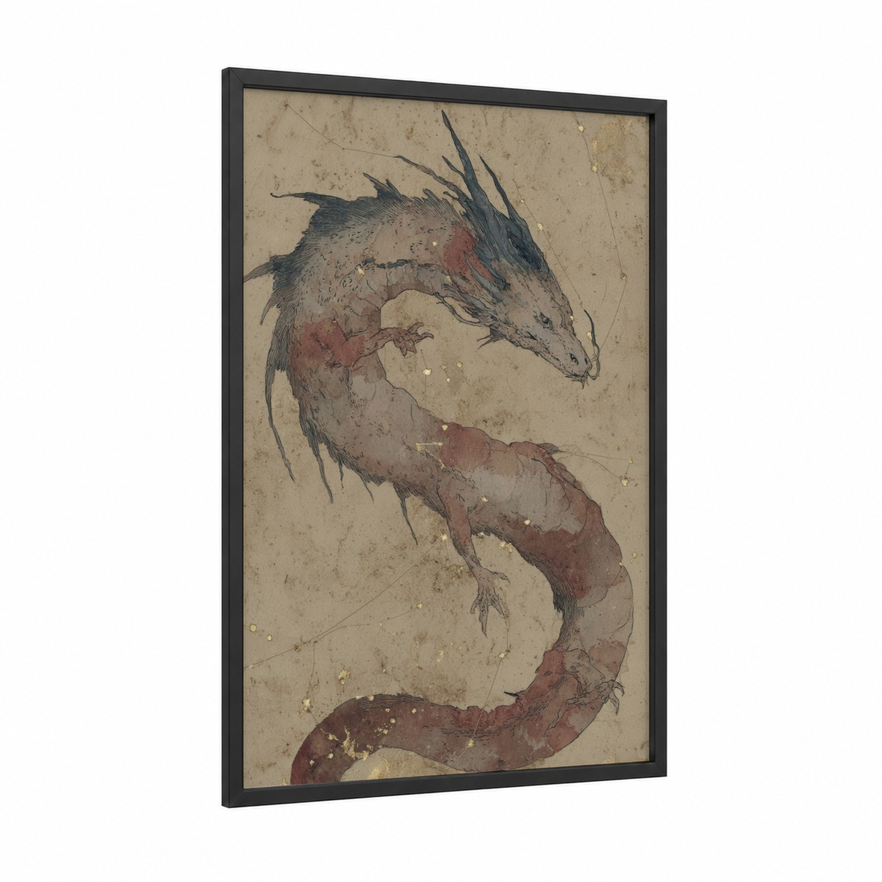 Mystic Dragon Serpent framed art print — black wood frame — maroon and black palette