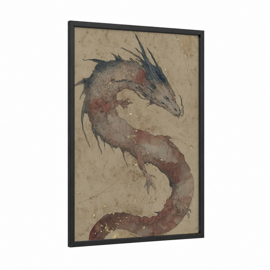 Mystic Dragon Serpent framed art print — black wood frame — maroon and black palette