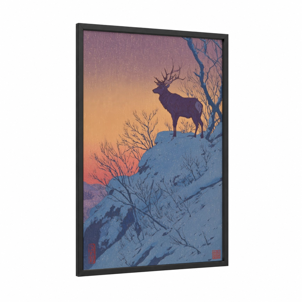 Alpine Reindeer framed art print — black wood frame — blue and gold palette