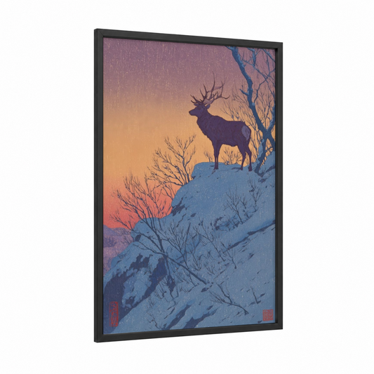 Alpine Reindeer framed art print — black wood frame — blue and gold palette