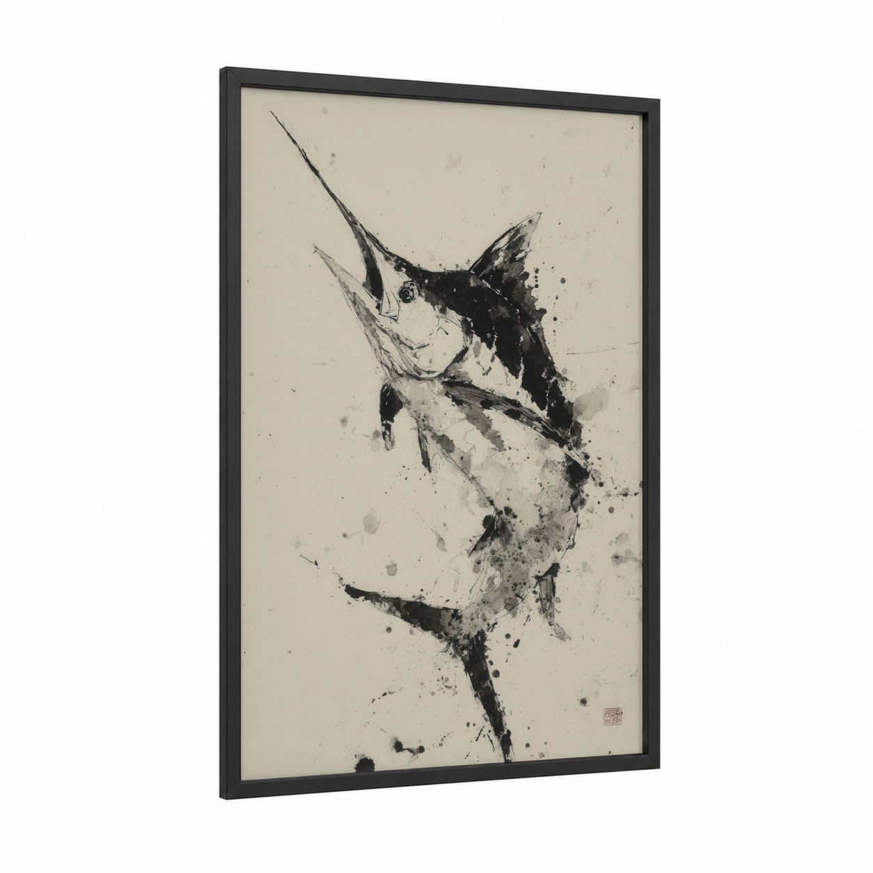 Ascending Marlin framed art print — black wood frame — black and white palette