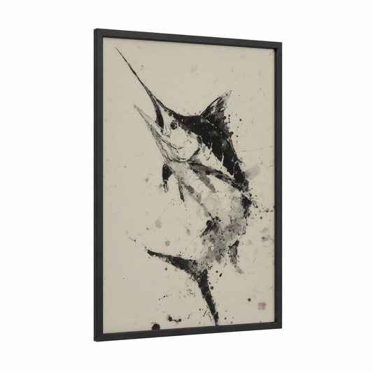 Ascending Marlin framed art print — black wood frame — black and white palette