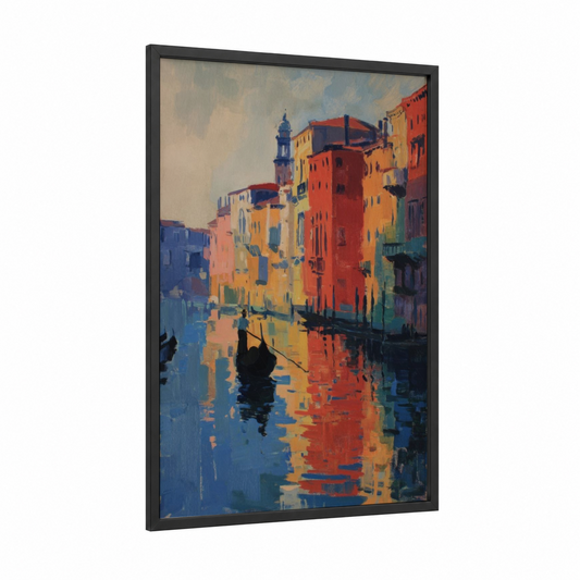 Colorful Venice framed gondola print — black wood frame — gold and blue palette