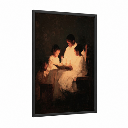 Candlelit Reading framed juneteenth print — black wood frame — gold and black palette
