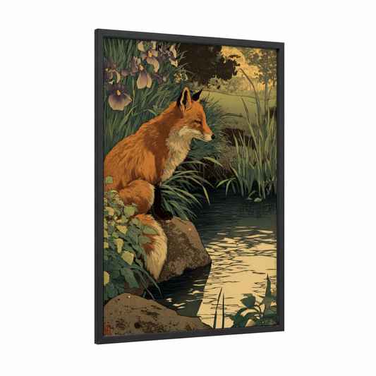 Riverside Fox framed art print — black wood frame — gold and green palette