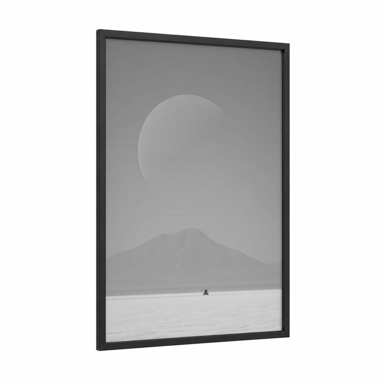 Alien Moonscape framed extraterrestrial print — black wood frame — gray and white palette