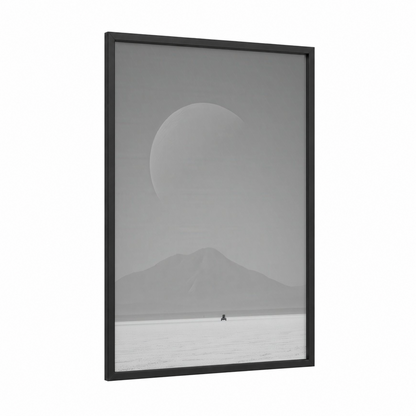 Alien Moonscape framed extraterrestrial print — black wood frame — gray and white palette
