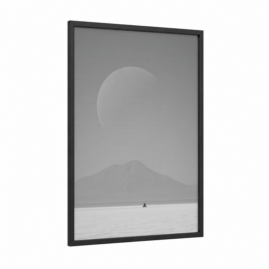 Alien Moonscape framed extraterrestrial print — black wood frame — gray and white palette