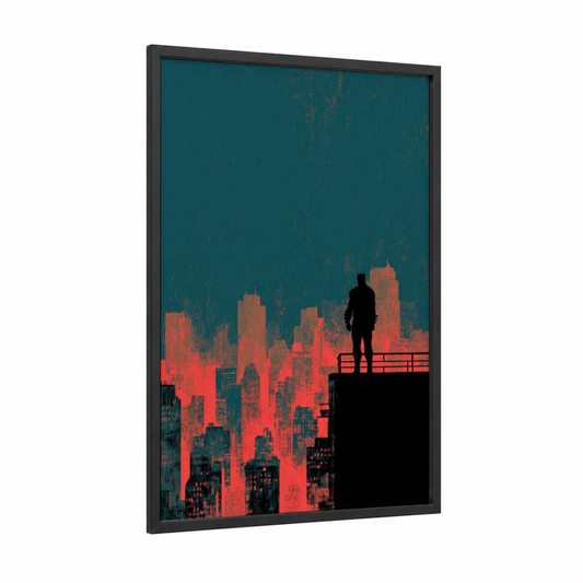 Rooftop Sentinel framed art for boy print — black wood frame — teal and red palette