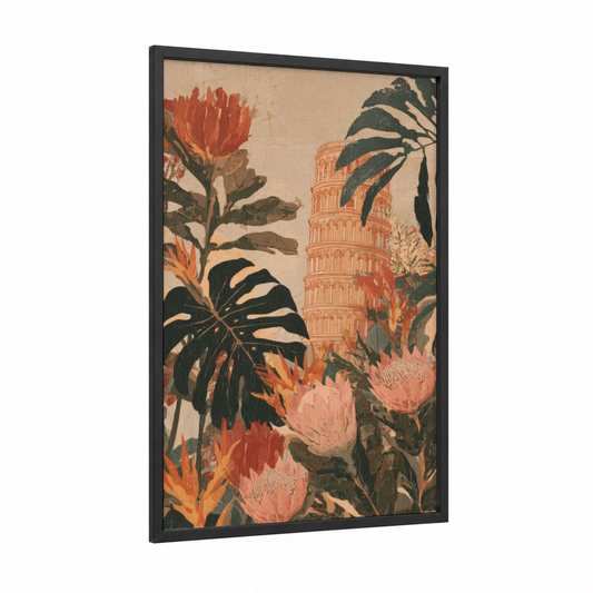 Pisa Tower Botanical framed leaning tower of pisa print — black wood frame — russet and cream palette
