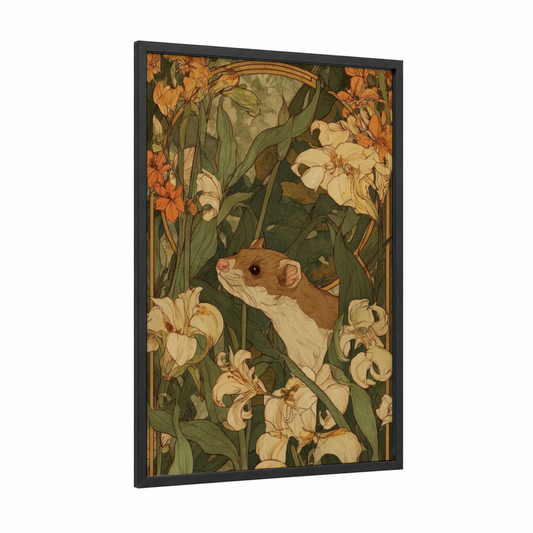 Iris Weasel framed art print — black wood frame — gold and sage green palette