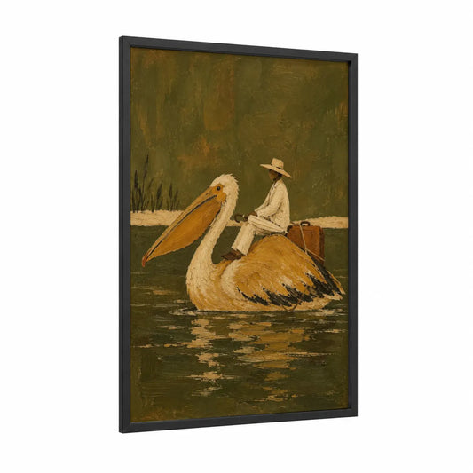 Pelican Journey Vintage Impressionist Wall Art framed art print — black wood frame — olive and beige palette