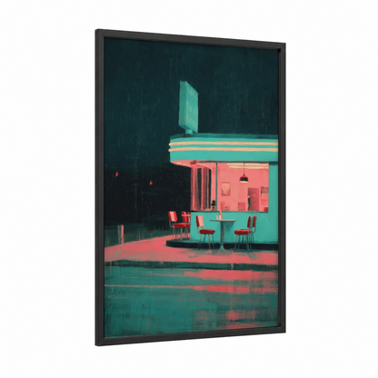 Neon Diner framed fast food print — black wood frame — teal and salmon pink palette