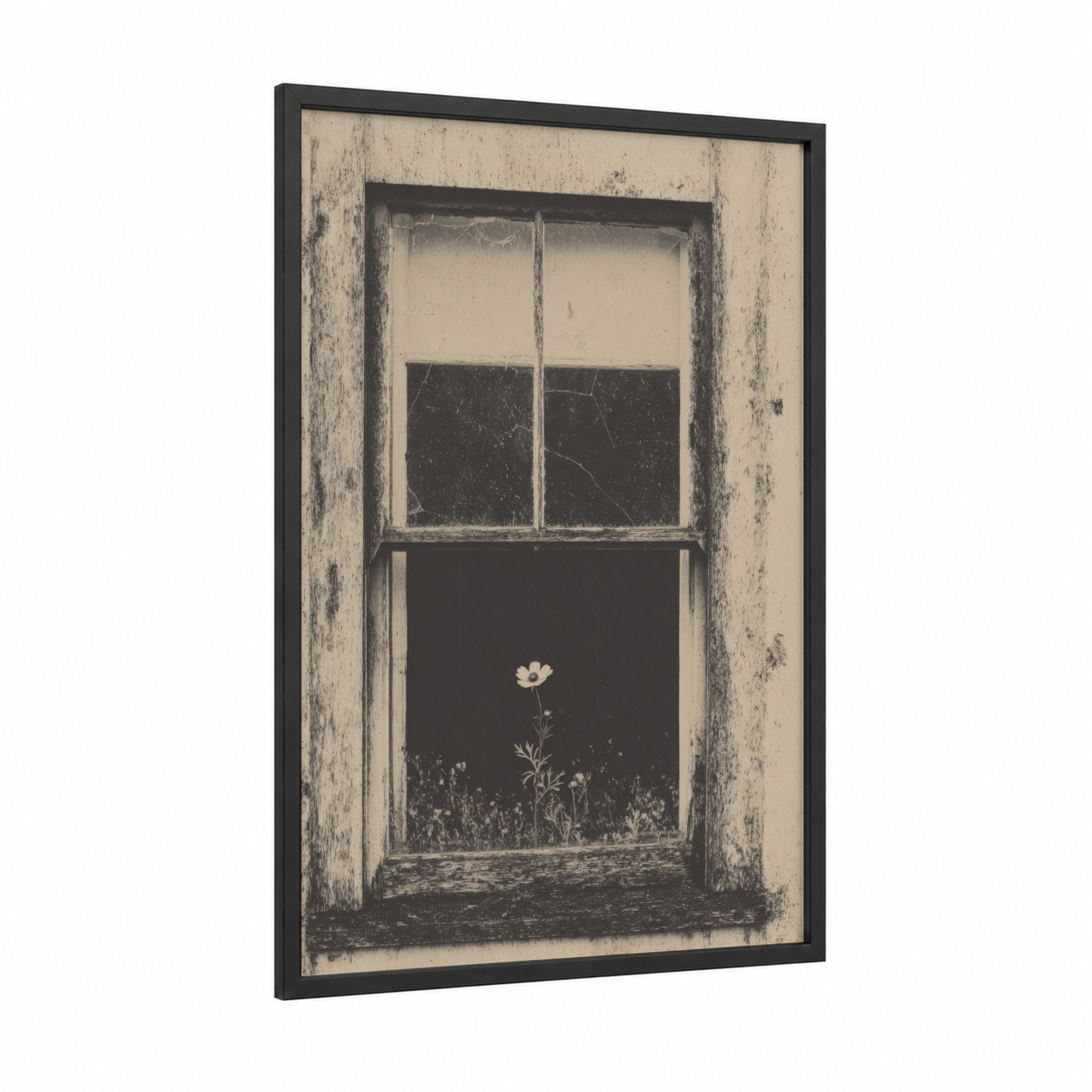 Weathered Window Bloom framed art print — black wood frame — beige and black palette