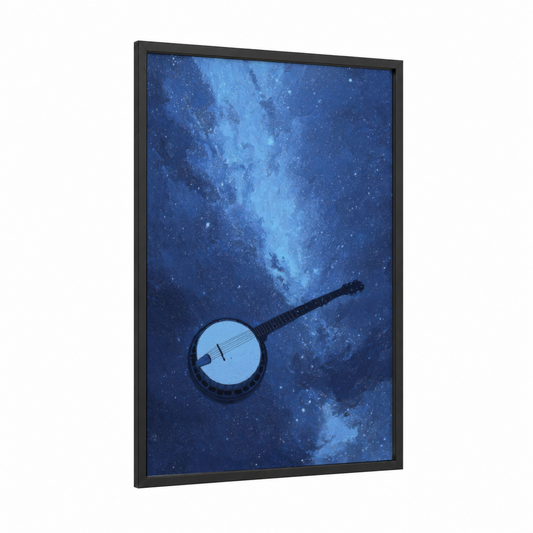 Cosmic Banjo framed art print — black wood frame — blue and black and white palette
