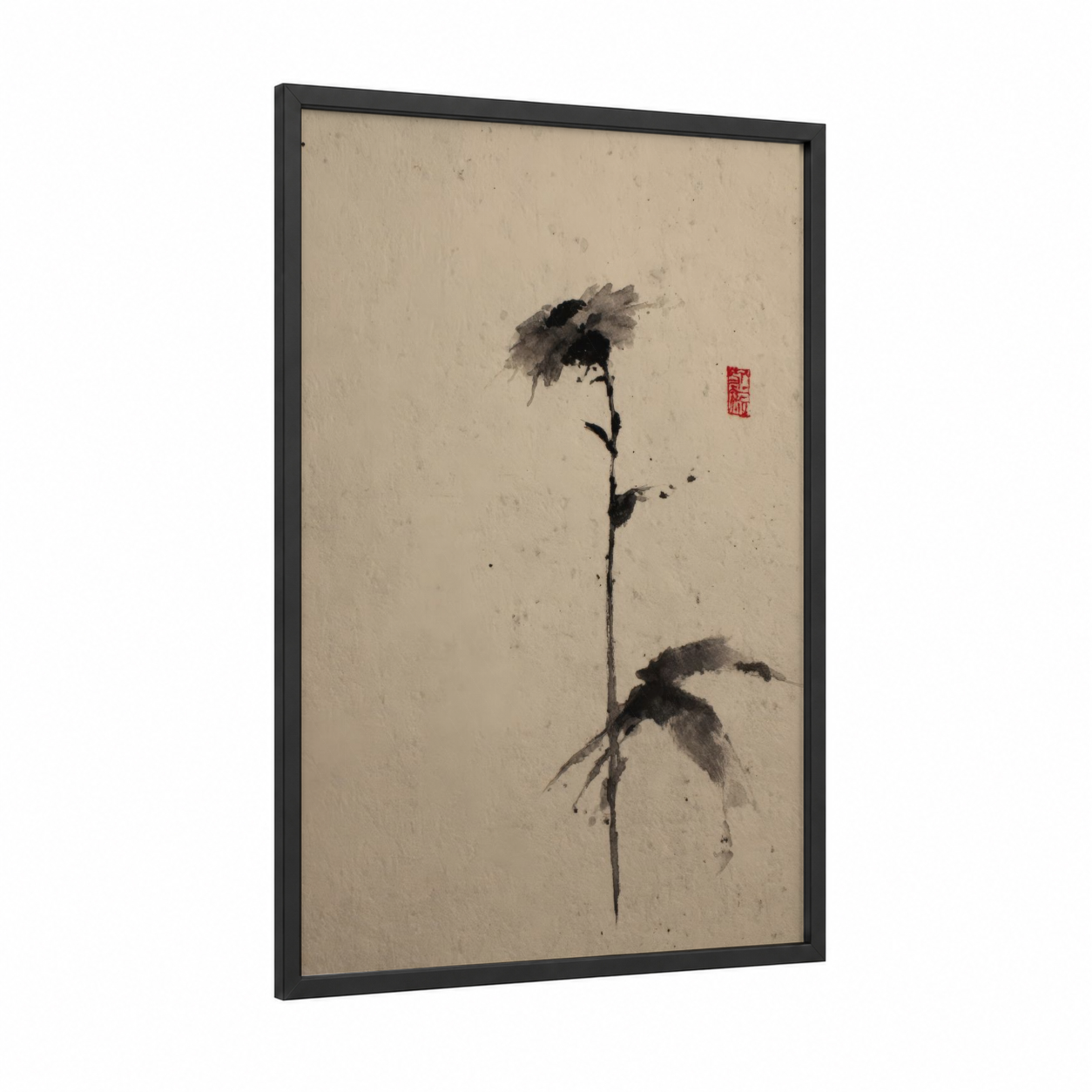 Wilting Sunflower framed art print — black wood frame — black and cream palette