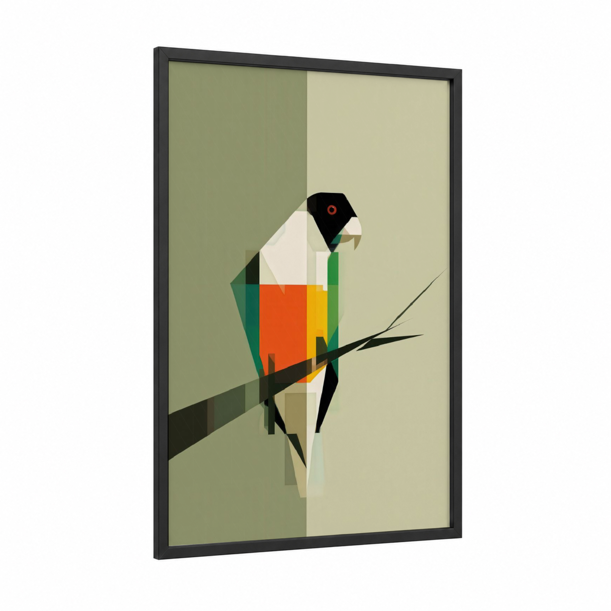 Geometric Safari Parrot framed safari parrots print — black wood frame — orange and sage green palette